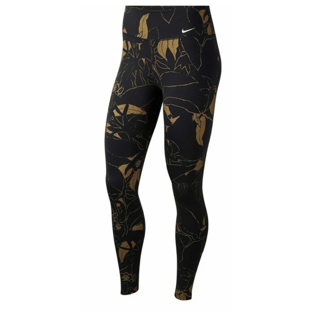 Nike Womens Dri-FIT High Waisted Floral Leaf Print Leggings Black‎ Gold -Medium